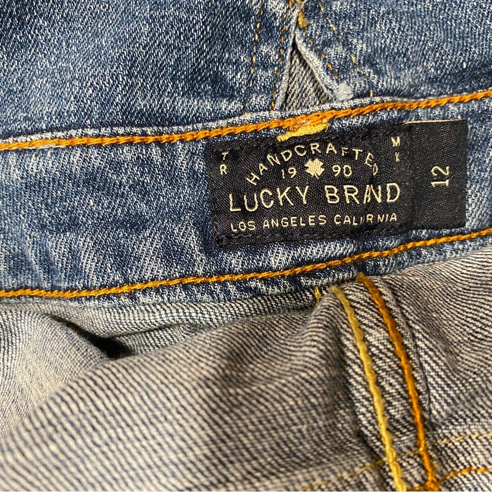 LUCKY BRAND Denim Overalls Washed Ripped Bib Crop Distressed Raw Edge Jeans 12 - Picture 6 of 13